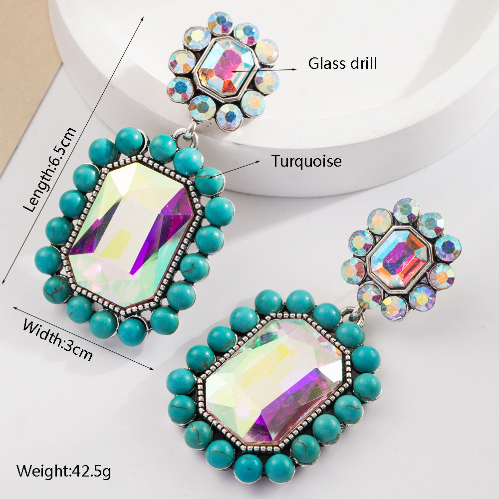 Wholesale Colored diamond exaggerated Bohemian inlaid pearl turquoise earrings